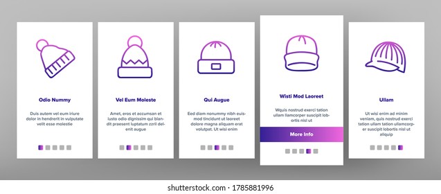 Beanie Seasonal Hat Onboarding Mobile App Page Screen Vector. Beanie Cap And Head Facial Mask Season Clothing Accessory For Cold Weather Illustrations