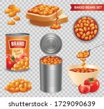 Beans baked in tomato sauce in can bowl on bread slices isometric realistic set transparent vector illustration  