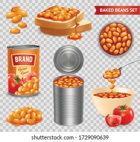 Beans baked in tomato sauce in can bowl on bread slices isometric realistic set transparent vector illustration  