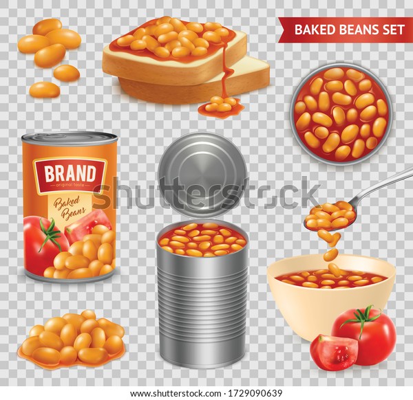 Beans\
baked in tomato sauce in can bowl on bread slices isometric\
realistic set transparent vector illustration \
