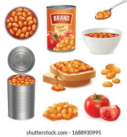 Beans baked in tomato sauce in opened can bowl on bread slices isometric realistic set vector illustration  