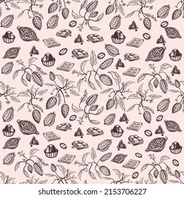 Сocoa beans. Branches of the fruit of the chocolate tree. Chocolate confectionery.