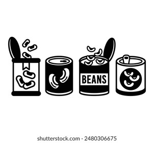 beans canned food icons symbol vector design black white color illustration collection set