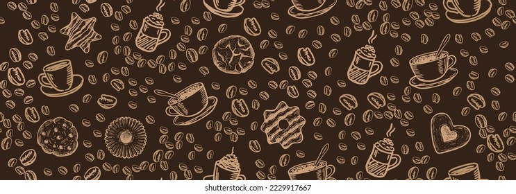 Beans, Coffee Cup, Cookie hand drawn style. Vector illustration.