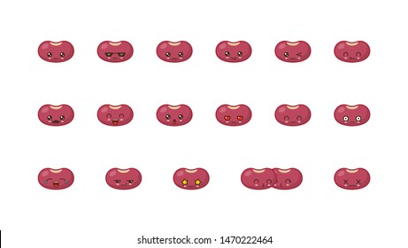 Beans cute kawaii mascot. Set kawaii food faces expressions smile emoticons. 