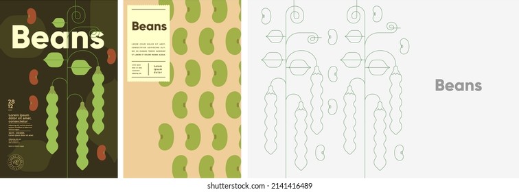 Beans. Food and natural products. Set of vector illustrations. Geometric, simple, linear style. Label, cover, price tag, background.