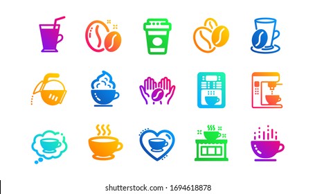 Beans, hot cocktail and coffee maker machine. Coffee icons. Espresso cup, cappuccino with whipped cream icons. Latte vending machine and roasted beans. Classic set. Gradient patterns. Vector