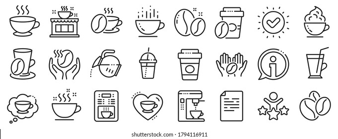 Beans, hot cocktail and coffee maker machine. Coffee line icons. Espresso cup, cappuccino with whipped cream line icons. Latte vending machine, breakfast drink and roasted beans. Vector