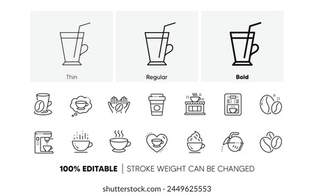 Beans, hot cocktail and coffee maker machine. Coffee line icons. Espresso cup, cappuccino with whipped cream line icons. Latte vending machine and roasted beans. Linear set. Line icons set. Vector