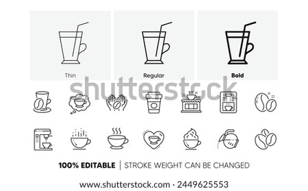 Beans, hot cocktail and coffee maker machine. Coffee line icons. Espresso cup, cappuccino with whipped cream line icons. Latte vending machine and roasted beans. Linear set. Line icons set. Vector