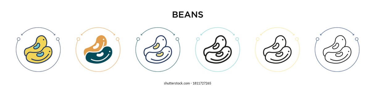 Beans icon in filled, thin line, outline and stroke style. Vector illustration of two colored and black beans vector icons designs can be used for mobile, ui, web
