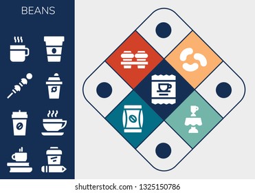 beans icon set. 13 filled beans icons.  Collection Of - Coffee, Vegetables, Jelly beans, Coffee bag, Latte