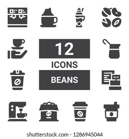 beans icon set. Collection of 12 filled beans icons included Coffee, Coffee machine, Nuts, Latte