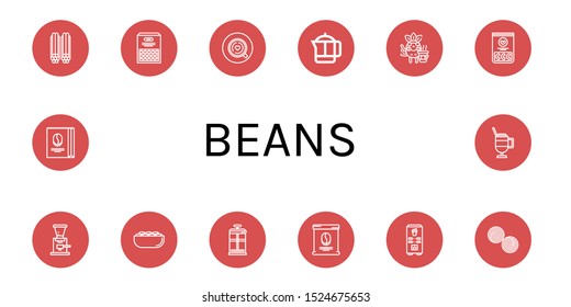 beans icon set. Collection of Liquorice, Beans, Coffee, French press, Jelly beans, Coffee grinder, Pistachio, Coffee bag, machine, Latte icons