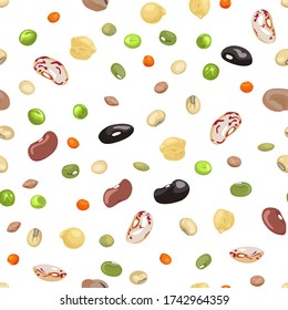 Beans and legumes seamless pattern. Vector illustration of beans, green peas, chickpeas, mung bean, soybeans  and lentils in cartoon flat style. Organic healthy food background.