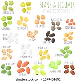 Beans and legumes vector set, cartoon style isolated illustrations.