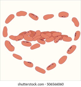 Beans in a pile and forming heart shape. Vector stock illustration of legume seeds in a heap