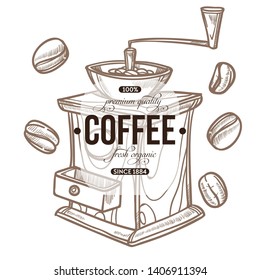 Beans processing coffee grinder cafe or bar hot drink vector isolated sketch icon brewing caffeine energy breakfast espresso grains natural beverage preparation kitchen tool manual mechanism