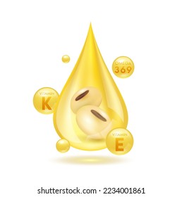Beans seed inside oil drip realistic with Omega and Vitamins. Vegetarian organic ingredient for cooking. Soybean oil drop shiny golden yellow 3D isolated on white background. Vector EPS10.