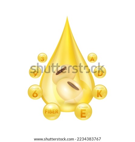 Beans seed inside oil drip realistic with Omega, Vitamins and Fiber. Vegetarian organic ingredient for cooking. Soybean oil drop shiny golden yellow 3D isolated on white background. Vector EPS10.