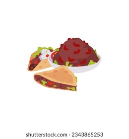 Beans, taco and quesadilla flat style, vector illustration isolated on white background. Traditional Mexican food, decorative design element for cafe or restaurant, tasty dishes, street food