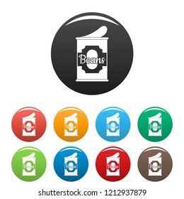 Beans tin can icons set 9 color vector isolated on white for any design