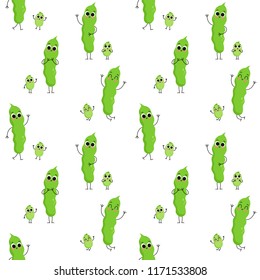 Beans, vector seamless pattern with cute cartoon vegetable characters isolated on white