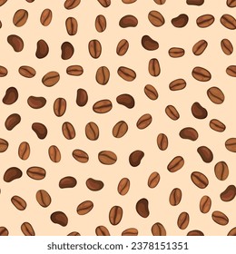 Сoffee beans vector seamless pattern. Natural background with food texture. Freshly roasted coffee beans scattered on the table. Coffe shop organic design.
