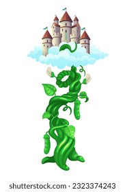 Beanstalk with castle in the clouds on the fairy tale Jack and the Beanstalk. Vector illustration in cartoon style.