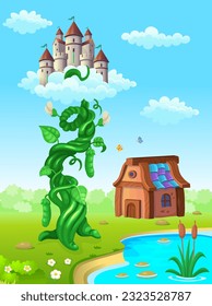  Beanstalk with castle in the clouds on the fairy tale Jack and the Beanstalk. Vector illustration in cartoon style.