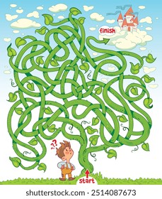 Beanstalk. Children logic game to pass the maze. Help boy through labyrinth. Educational game for kids. Attention task. Choose right path. Funny cartoon character. Worksheet page. Vector illustration