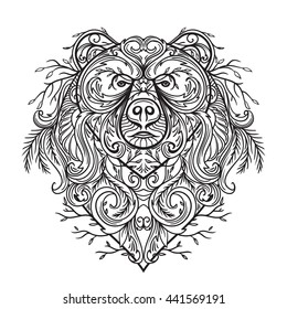 Bear with abstract floral ornament. Tattoo art. Retro banner, card, scrap booking, t-shirt, bag, postcard, poster. Highly detailed vintage hand drawn vector illustration