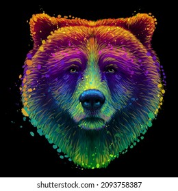 Bear. Abstract, neon portrait of a bear's head in pop art style with splashes of watercolor on a black background. Digital vector graphics.