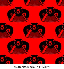Bear with accordion seamless pattern. Wild beast and musical instrument. Russian bears and harmony. Russia National animal texture.  