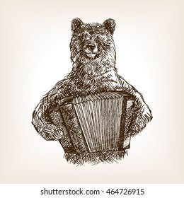 Bear with accordion sketch style vector illustration. Old hand drawn engraving imitation.