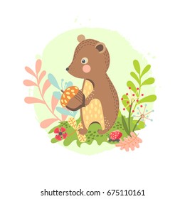 Bear with acorns on the background of plants. Child's illustration in vector.