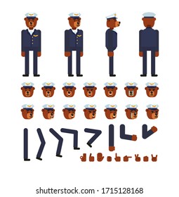 Bear airline pilot character creation kit. Create your own pose, action, animation. Minimal design vector illustration