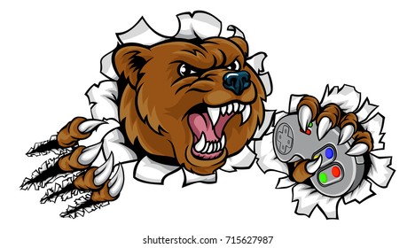 A bear angry animal esports video games player gamer mascot holding a controller and breaking through the background
