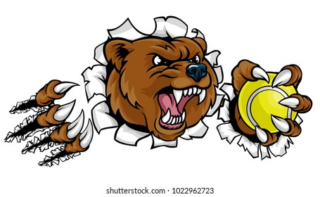 A bear angry animal sports mascot holding a tennis ball and breaking through the background with its claws