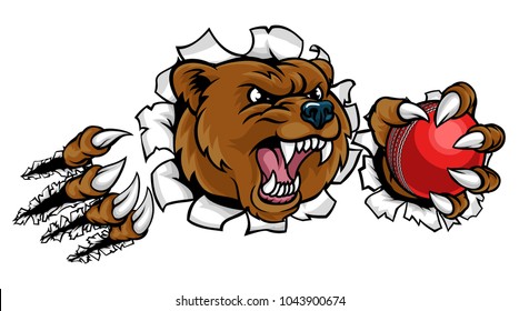 A bear angry animal sports mascot holding a cricket ball and breaking through the background with its claws