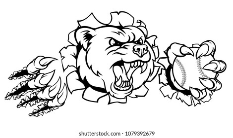 A bear angry animal sports mascot holding a baseball ball and breaking through the background with its claws