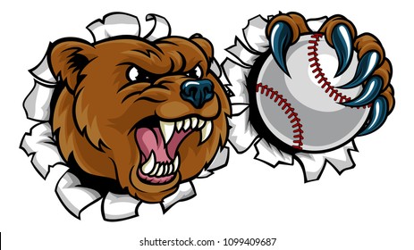 A bear angry animal sports mascot holding a baseball ball and breaking through the background with its claws