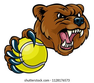 A bear angry animal sports mascot holding a tennis ball 