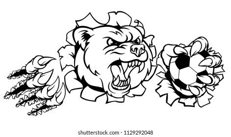 A bear angry animal sports mascot holding a soccer football ball and breaking through the background with its claws