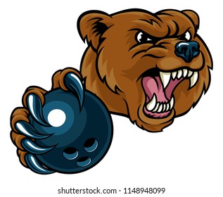 A bear angry animal sports mascot holding a ten pin bowling bal