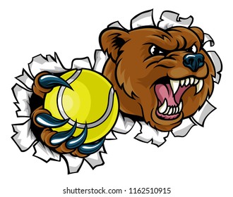 A bear angry animal sports mascot holding a tennis ball and breaking through the background with its claws