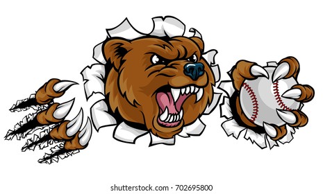 A bear angry animal sports mascot holding a baseball ball and breaking through the background with its claws