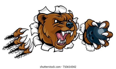 A bear angry animal sports mascot holding a ten pin bowling ball and breaking through the background with its claws