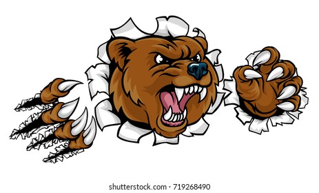 A Bear angry animal sports mascot breaking through the background with its claws