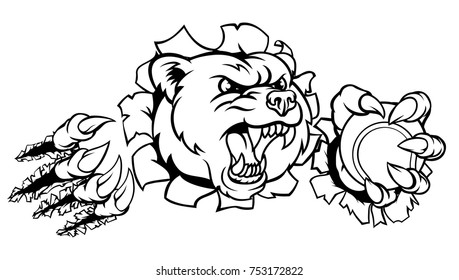 A bear angry animal sports mascot holding a tennis ball and breaking through the background with its claws